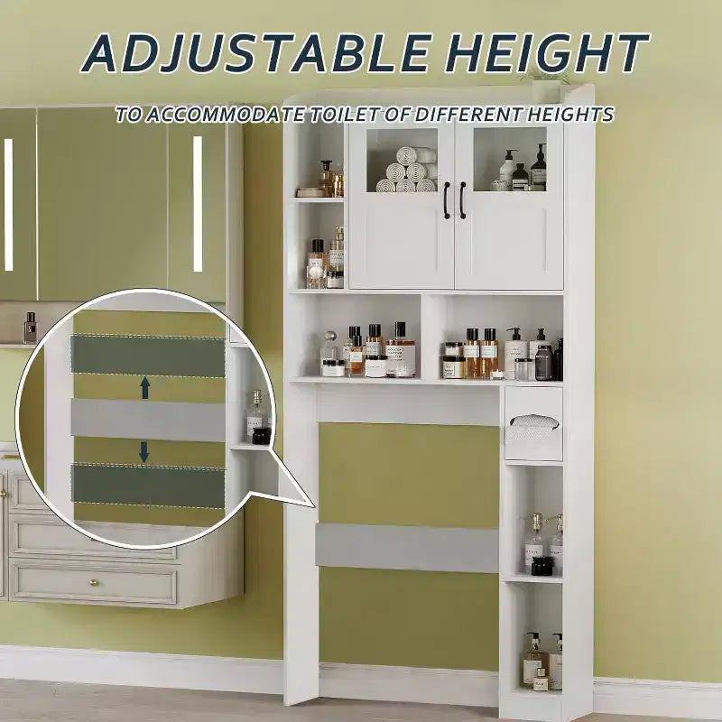 Meuble de rangement au-dessus des toilettes, organisateur de rangement de salle de bain réglable avec porte en verre au-dessus des toilettes, avec porte-papier toilette, pour salle de bain, toilettes, blanc