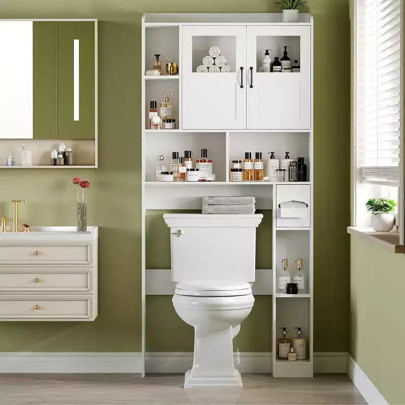 Meuble de rangement au-dessus des toilettes, organisateur de rangement de salle de bain réglable avec porte en verre au-dessus des toilettes, avec porte-papier toilette, pour salle de bain, toilettes, blanc