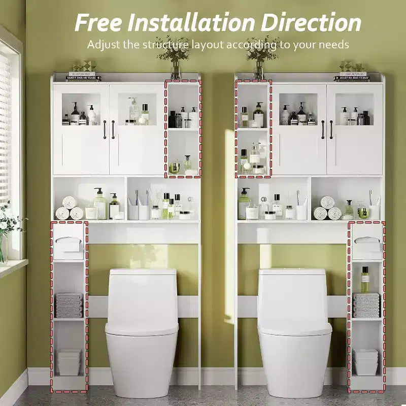 Meuble de rangement au-dessus des toilettes, organisateur de rangement de salle de bain réglable avec porte en verre au-dessus des toilettes, avec porte-papier toilette, pour salle de bain, toilettes, blanc