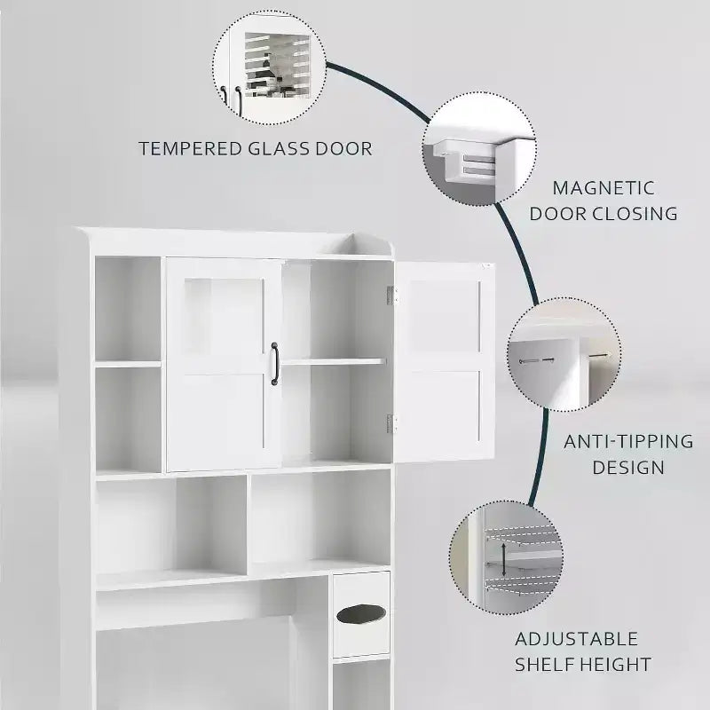 Meuble de rangement au-dessus des toilettes, organisateur de rangement de salle de bain réglable avec porte en verre au-dessus des toilettes, avec porte-papier toilette, pour salle de bain, toilettes, blanc