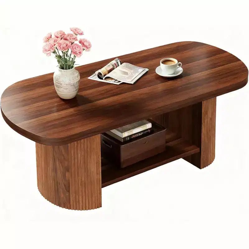 Lantine 45.27-Inch Oval Coffee Table, Mid-Century 2-Tier Center Table with Storage Shelf and Wooden Dual Base for Living Room, Bedroom, Rustic Brown