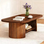 Lantine Table basse ovale de 45,27 pouces, table centrale à 2 niveaux de style milieu de siècle avec étagère de rangement et double base en bois pour salon, chambre à coucher, marron rustique