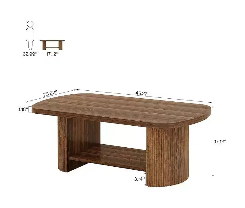 Lantine Table basse ovale de 45,27 pouces, table centrale à 2 niveaux de style milieu de siècle avec étagère de rangement et double base en bois pour salon, chambre à coucher, marron rustique