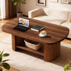 Lantine Table basse ovale de 45,27 pouces, table centrale à 2 niveaux de style milieu de siècle avec étagère de rangement et double base en bois pour salon, chambre à coucher, marron rustique