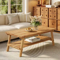 Lantine Solid Wood Coffee Table with Storage, 47-Inch Farmhouse Rectangle Center Table, 2-Tier Simple Long Tea Table for Living Room, Natural