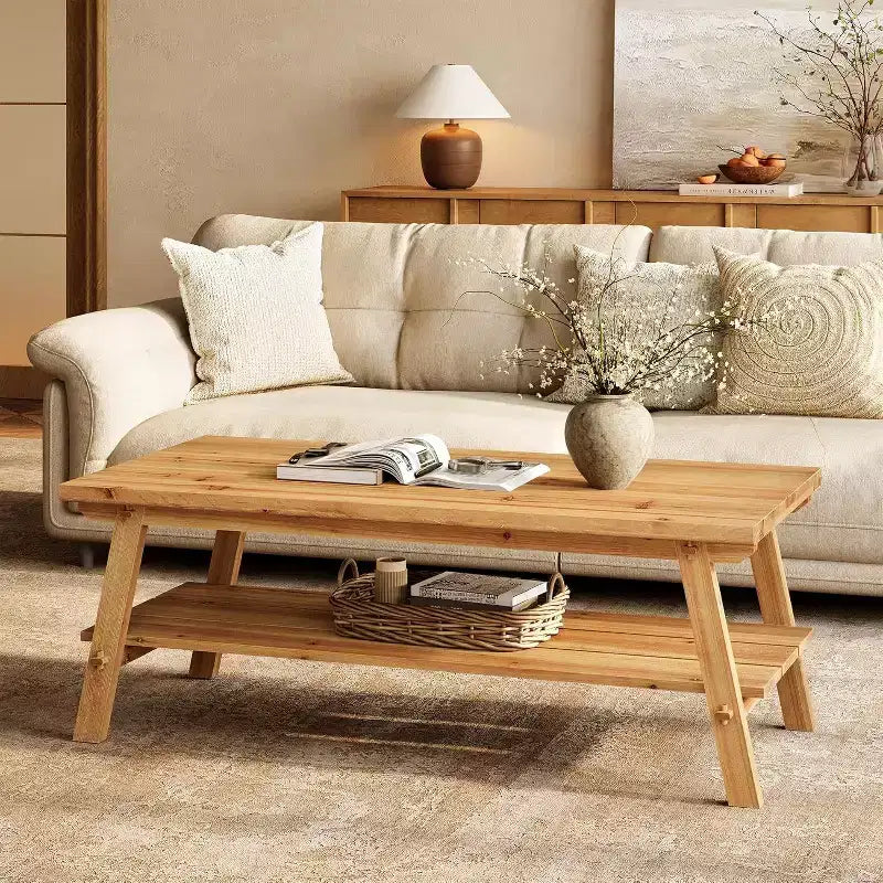 Table basse Lantine en bois massif avec rangement, table basse rectangulaire de style rustique de 47 pouces, table de salon longue simple à 2 niveaux, naturel