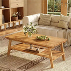 Table basse Lantine en bois massif avec rangement, table basse rectangulaire de style rustique de 47 pouces, table de salon longue simple à 2 niveaux, naturel