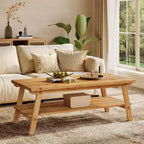 Table basse Lantine en bois massif avec rangement, table basse rectangulaire de style rustique de 47 pouces, table de salon longue simple à 2 niveaux, naturel