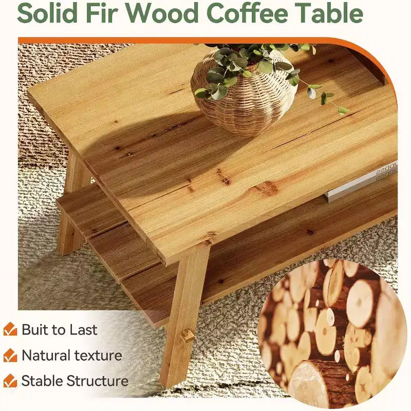 Table basse Lantine en bois massif avec rangement, table basse rectangulaire de style rustique de 47 pouces, table de salon longue simple à 2 niveaux, naturel
