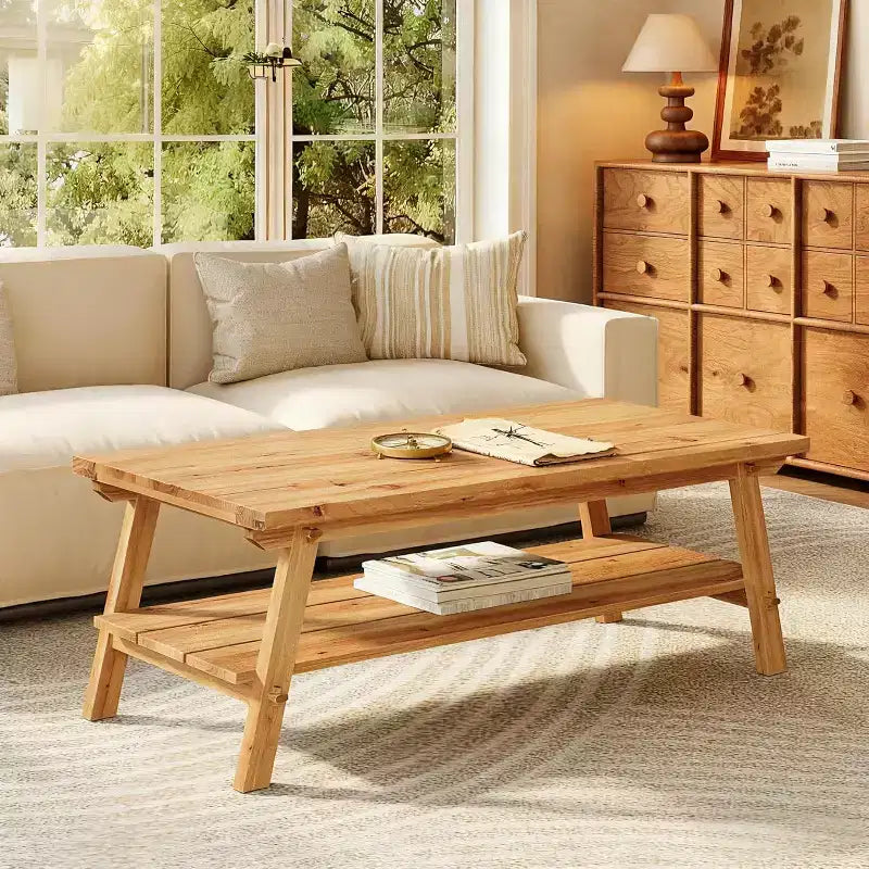 Table basse Lantine en bois massif avec rangement, table basse rectangulaire de style rustique de 47 pouces, table de salon longue simple à 2 niveaux, naturel