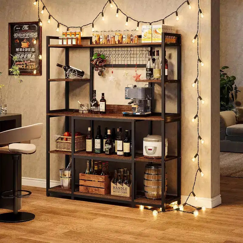 Lantine Étagère de cuisine 140 cm, support pour micro-ondes à 5 niveaux avec cadre en métal, grande station de café avec 11 crochets, marron rustique