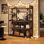 Lantine Étagère de cuisine 140 cm, support pour micro-ondes à 5 niveaux avec cadre en métal, grande station de café avec 11 crochets, marron rustique