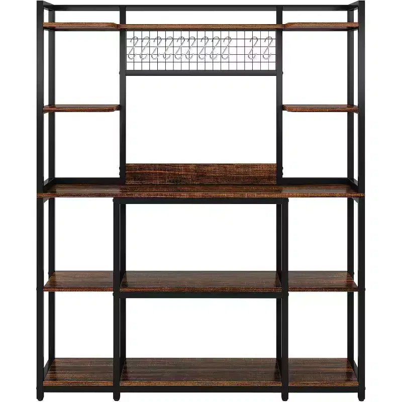Lantine Étagère de cuisine 140 cm, support pour micro-ondes à 5 niveaux avec cadre en métal, grande station de café avec 11 crochets, marron rustique