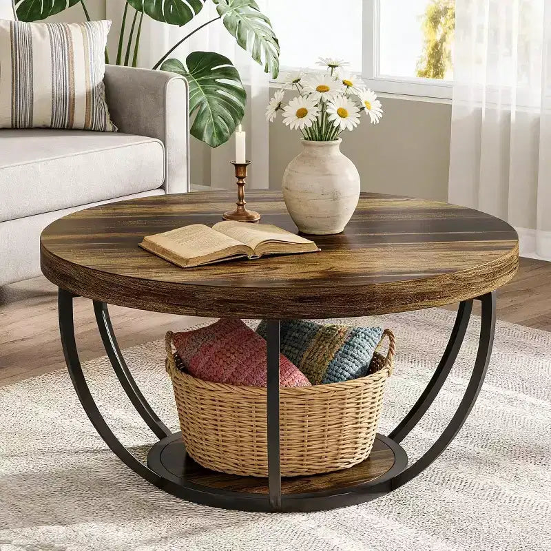 Lantine 32-Inch Round Coffee Table, Farmhouse 2-Tier Wood Center Table with Storage Open Shelves for Living Room, Rustic Brown