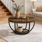 Table Basse Ronde Lantine de 32 Pouces, Table Centrale en Bois à 2 Niveaux Style Ferme avec Étagères de Rangement Ouvertes pour Salon, Marron Rustique
