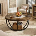 Table Basse Ronde Lantine de 32 Pouces, Table Centrale en Bois à 2 Niveaux Style Ferme avec Étagères de Rangement Ouvertes pour Salon, Marron Rustique