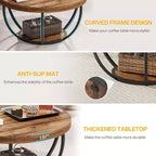 Table Basse Ronde Lantine de 32 Pouces, Table Centrale en Bois à 2 Niveaux Style Ferme avec Étagères de Rangement Ouvertes pour Salon, Marron Rustique