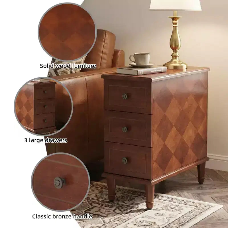 MAYEERTY Table de chevet en bois entièrement assemblée, Table d'appoint étroite à 3 tiroirs pour chambre à coucher