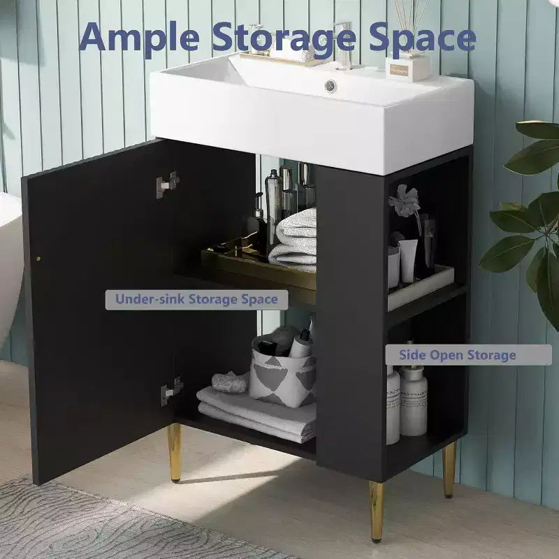 Meuble-lavabo de salle de bain de 54,8 cm, Meuble de rangement de salle de bain avec évier, Montage facile, Rangement ouvert, Meuble-lavabo autoportant pour petits espaces