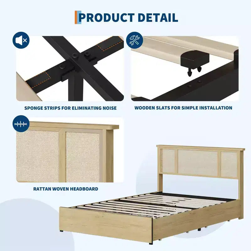 Cadre de lit Queen Size avec tête de lit en rotin, plateforme en métal robuste et lattes en bois, aucun sommier tapissier requis
