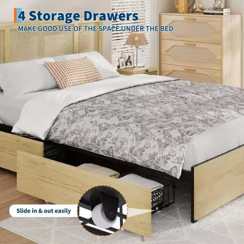 Cadre de lit Queen Size avec tête de lit en rotin, plateforme en métal robuste et lattes en bois, aucun sommier tapissier requis