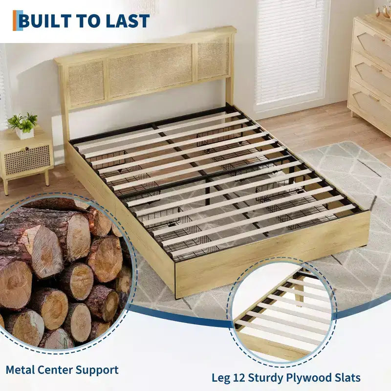 Cadre de lit Queen Size avec tête de lit en rotin, plateforme en métal robuste et lattes en bois, aucun sommier tapissier requis