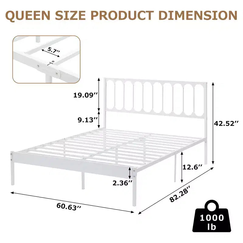 Cadre de lit plateforme Queen avec tête de lit, construction en métal robuste, rangement sous le lit de 12,6 pouces, lattes solides, silencieux, pas besoin de sommier tapissier, blanc