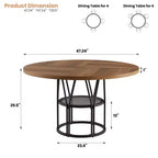 Table à manger ronde de 47" pour 4 à 6 personnes, table de cuisine en bois avec étagère de rangement et base en métal, table à manger moderne, table de petit-déjeuner pour salon, sans chaise