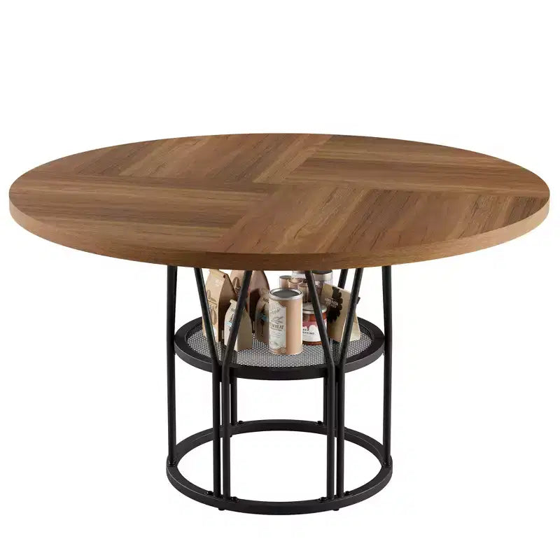 Table à manger ronde de 47" pour 4 à 6 personnes, table de cuisine en bois avec étagère de rangement et base en métal, table à manger moderne, table de petit-déjeuner pour salon, sans chaise