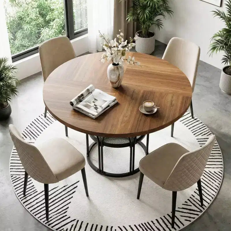 Table à manger ronde de 47" pour 4 à 6 personnes, table de cuisine en bois avec étagère de rangement et base en métal, table à manger moderne, table de petit-déjeuner pour salon, sans chaise