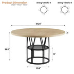 Table à manger ronde de 47" pour 4 à 6 personnes, table de cuisine en bois avec étagère de rangement et base en métal, table à manger moderne, table de petit-déjeuner pour salon, sans chaise