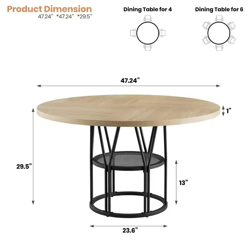 Table à manger ronde de 47" pour 4 à 6 personnes, table de cuisine en bois avec étagère de rangement et base en métal, table à manger moderne, table de petit-déjeuner pour salon, sans chaise