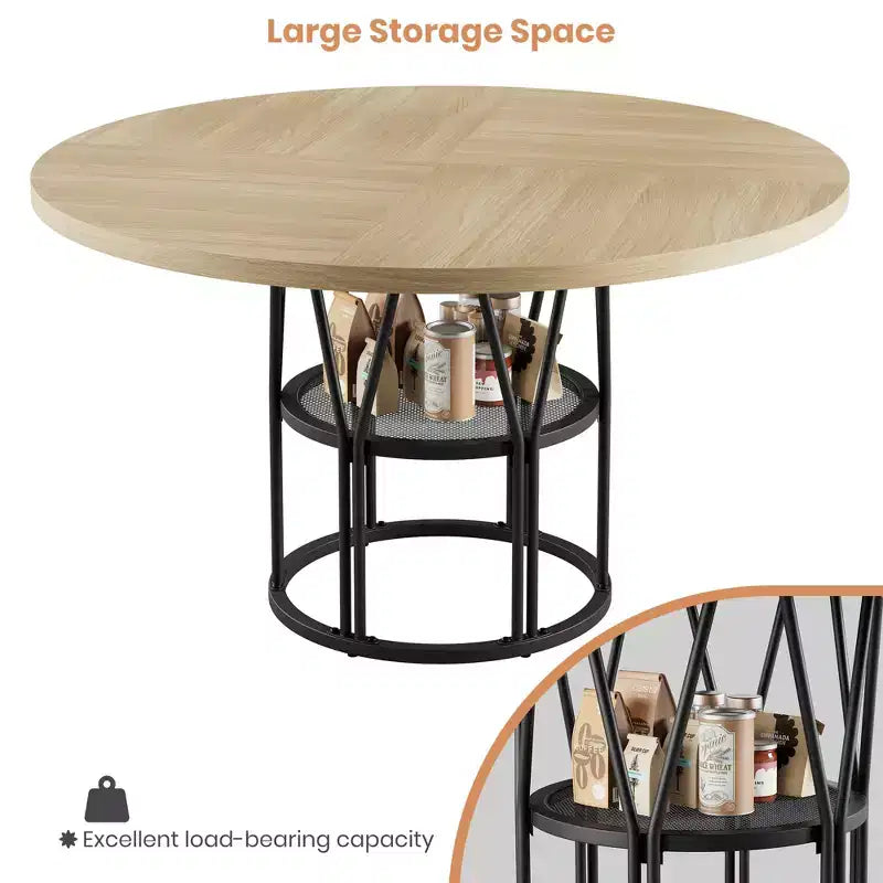 Table à manger ronde de 47" pour 4 à 6 personnes, table de cuisine en bois avec étagère de rangement et base en métal, table à manger moderne, table de petit-déjeuner pour salon, sans chaise