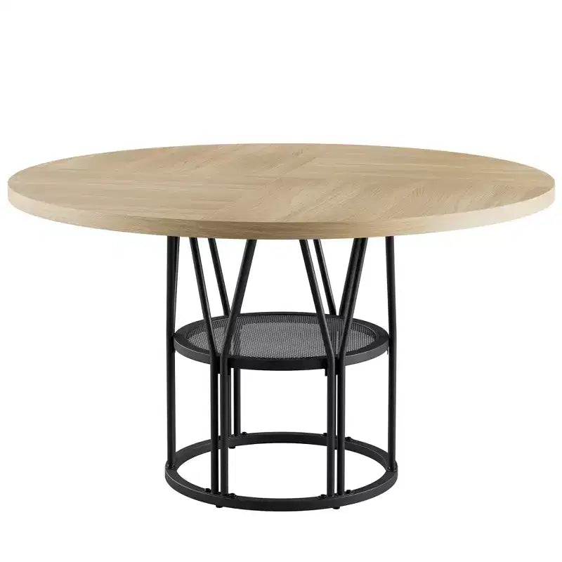 Table à manger ronde de 47" pour 4 à 6 personnes, table de cuisine en bois avec étagère de rangement et base en métal, table à manger moderne, table de petit-déjeuner pour salon, sans chaise