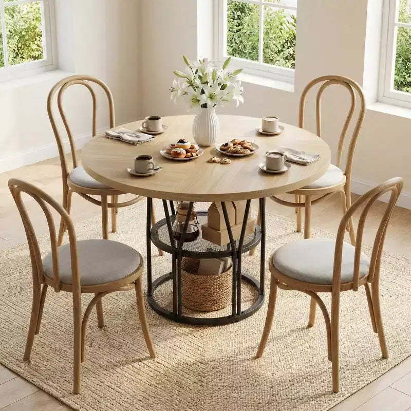 Table à manger ronde de 47" pour 4 à 6 personnes, table de cuisine en bois avec étagère de rangement et base en métal, table à manger moderne, table de petit-déjeuner pour salon, sans chaise