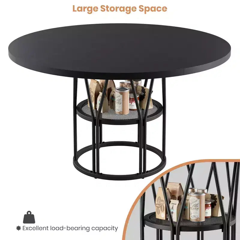 Table à manger ronde de 47" pour 4 à 6 personnes, table de cuisine en bois avec étagère de rangement et base en métal, table à manger moderne, table de petit-déjeuner pour salon, sans chaise
