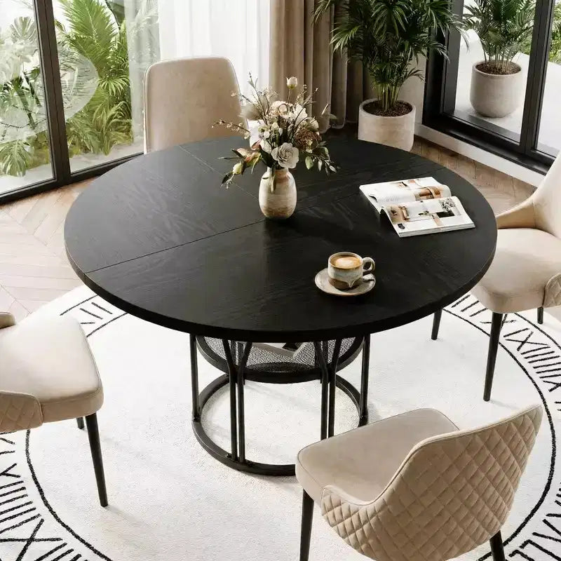 Table à manger ronde de 47" pour 4 à 6 personnes, table de cuisine en bois avec étagère de rangement et base en métal, table à manger moderne, table de petit-déjeuner pour salon, sans chaise