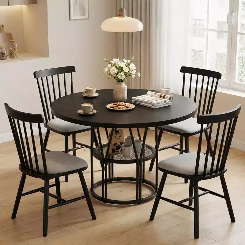 Table à manger ronde de 47" pour 4 à 6 personnes, table de cuisine en bois avec étagère de rangement et base en métal, table à manger moderne, table de petit-déjeuner pour salon, sans chaise