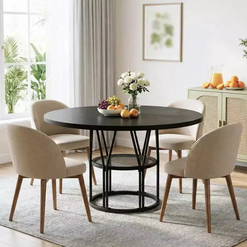 47'' Round Dining Table for 4-6, Wooden Kitchen Table with Storage Shelf & Metal Base, Modern Dinner Table, Breakfast Table for Living Room,No Chair