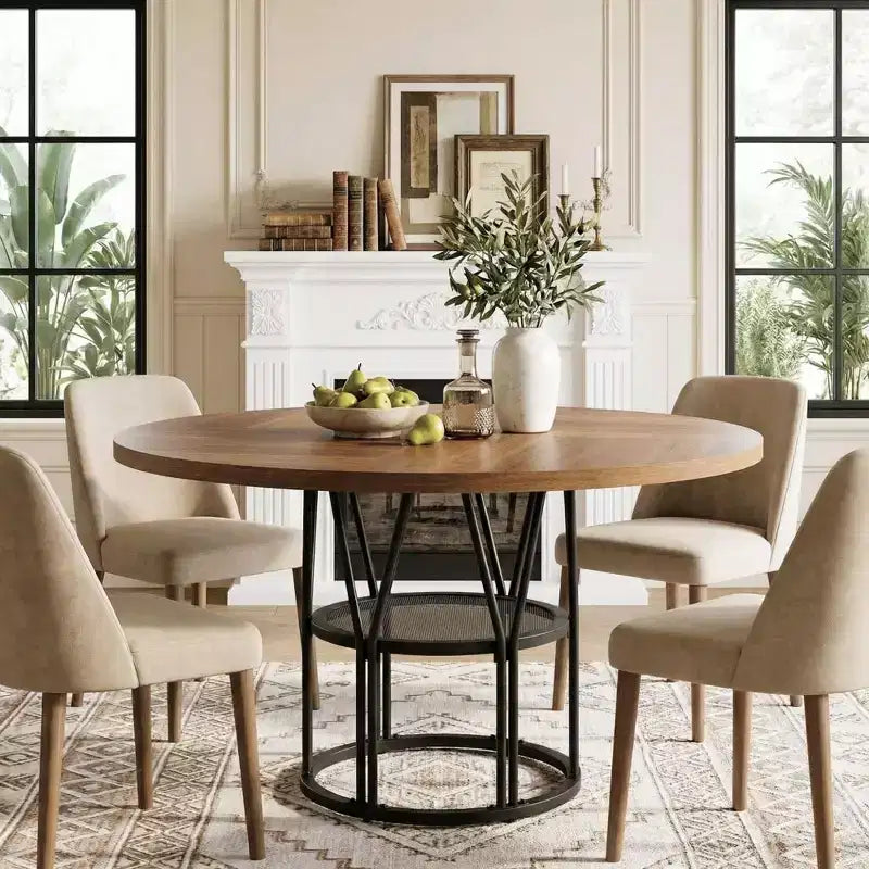 Table à manger ronde de 47" pour 4 à 6 personnes, table de cuisine en bois avec étagère de rangement et base en métal, table à manger moderne, table de petit-déjeuner pour salon, sans chaise
