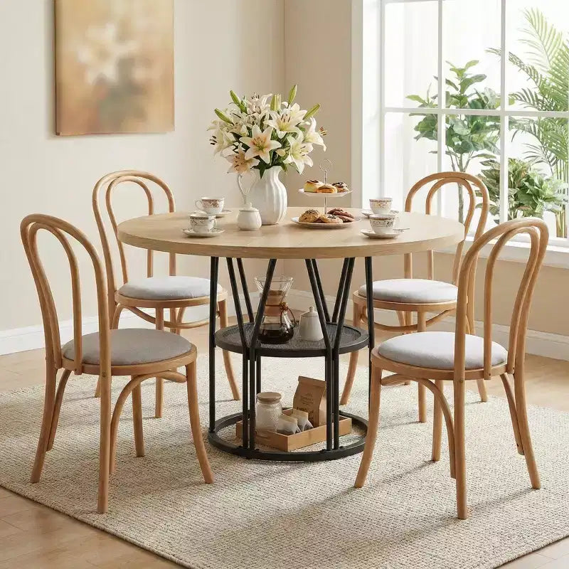 Table à manger ronde de 47" pour 4 à 6 personnes, table de cuisine en bois avec étagère de rangement et base en métal, table à manger moderne, table de petit-déjeuner pour salon, sans chaise