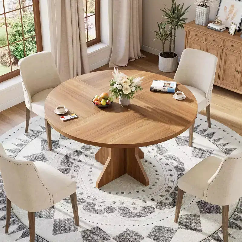 Table à manger ronde pour 4-6 personnes - Table de cuisine circulaire de 120 cm avec base sur pied solide, meubles de salle à manger pour petits espaces dans le salon