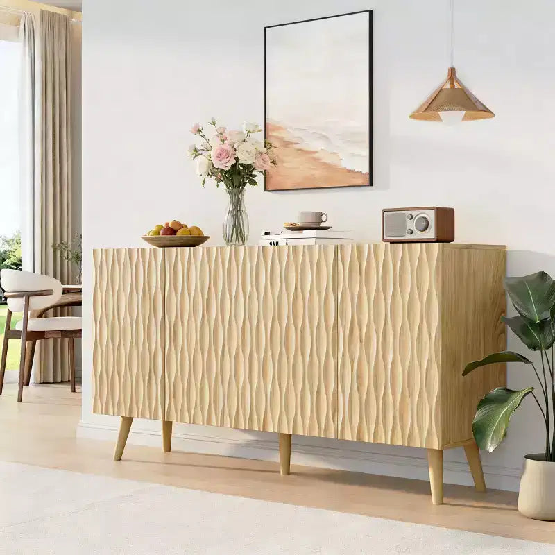 Erommy Meuble d'appoint 4 portes avec étagères réglables, buffet de 147 cm de large avec motif ondulé sculptural pour salle à manger, salon et bar à café.