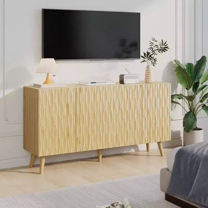 Erommy Meuble d'appoint 4 portes avec étagères réglables, buffet de 147 cm de large avec motif ondulé sculptural pour salle à manger, salon et bar à café.