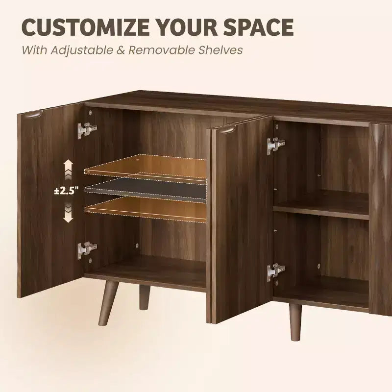 Erommy Meuble d'appoint 4 portes avec étagères réglables, buffet de 147 cm de large avec motif ondulé sculptural pour salle à manger, salon et bar à café.