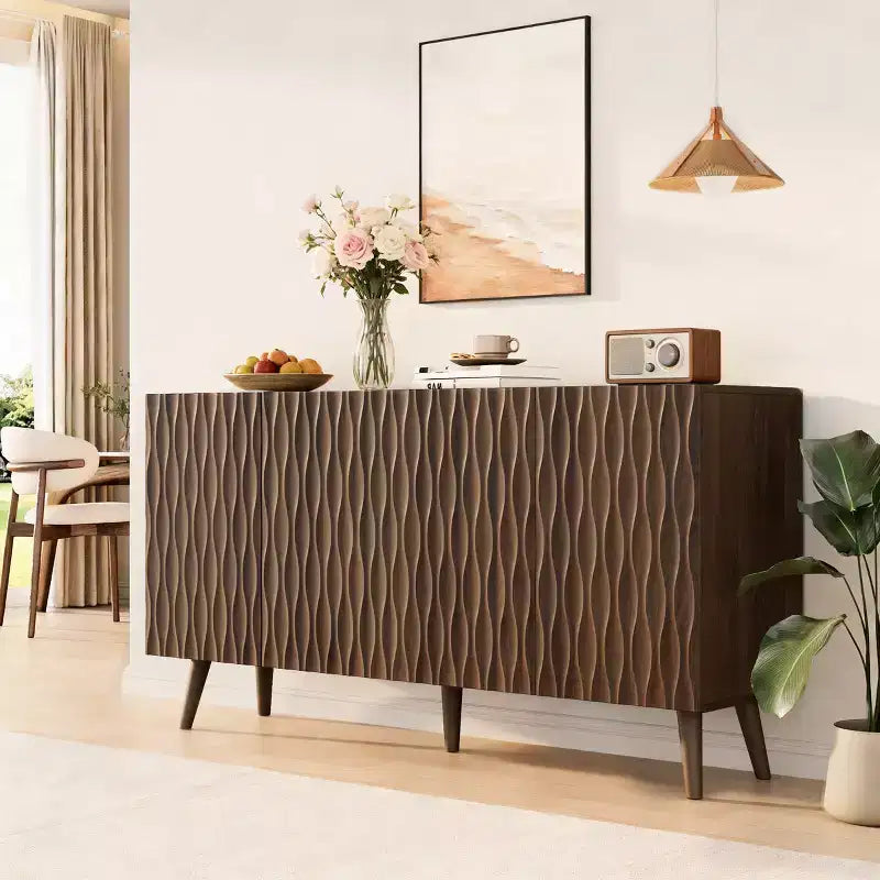 Erommy 4 - Door Accent Cabinet With Adjustable Shelves, 58W Buffet Cabinet With Sculptural Wave Design For Dining Room, Living Room And Coffee Bar