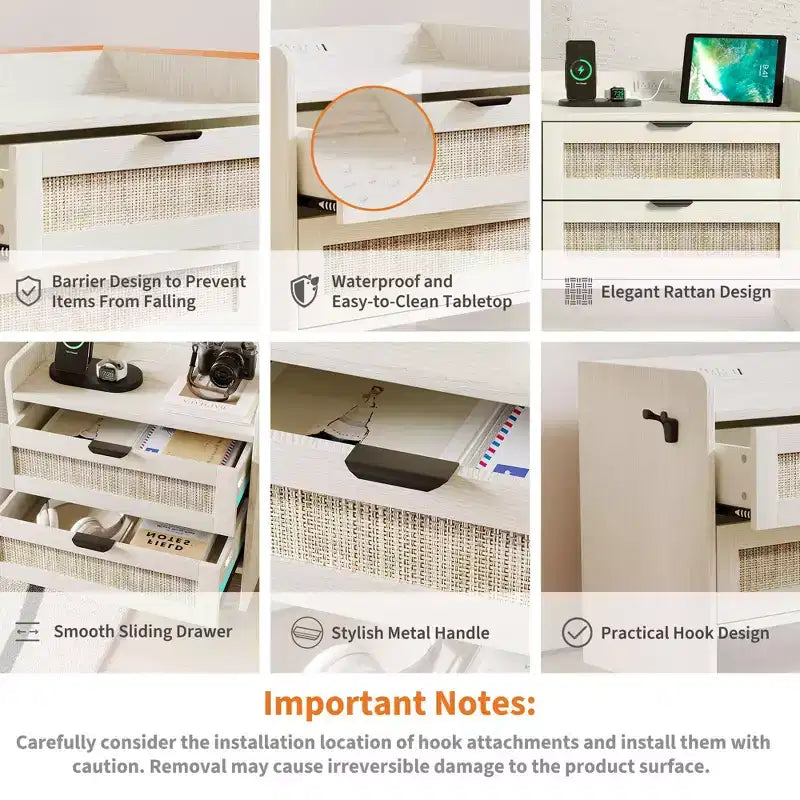 Tables de chevet en rotin (lot de 2), tables de chevet modernes avec 2 tiroirs de rangement, adaptées pour la chambre à coucher, le bureau ou le salon