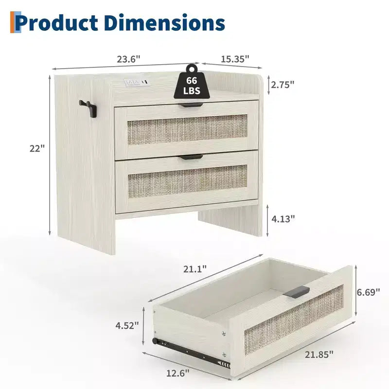 Tables de chevet en rotin (lot de 2), tables de chevet modernes avec 2 tiroirs de rangement, adaptées pour la chambre à coucher, le bureau ou le salon
