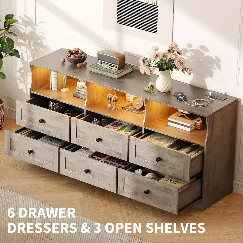 Commode 6 tiroirs de 160 cm avec lumières RGB et prise de courant, commode en bois avec étagères ouvertes, pour salon, chambre, entrée