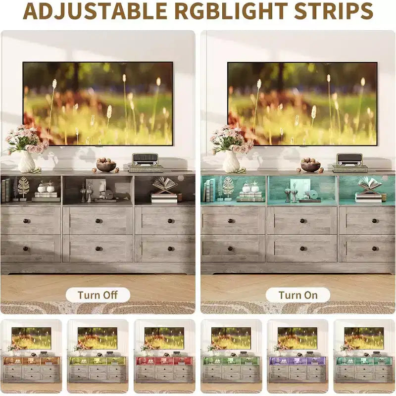 Commode 6 tiroirs de 160 cm avec lumières RGB et prise de courant, commode en bois avec étagères ouvertes, pour salon, chambre, entrée
